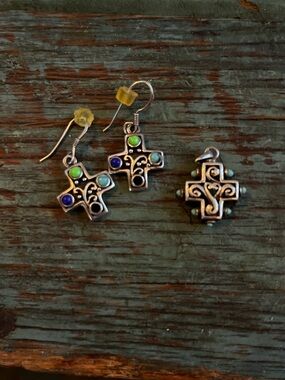 Silver Cross turquoise Pendant and Earrings Set with Green & Blue Accents